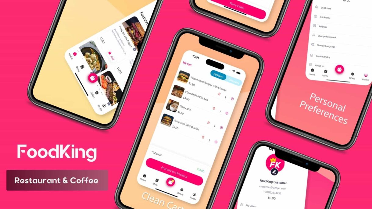 FoodKing - Restaurant & Coffee 5 Mobile App Phone Mockup Sales Marketing Presentation in Blue and White Modern Photocentric Style 1